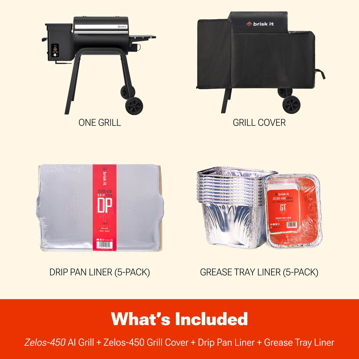 Brisk It Zelos AI Grill Starter Pack: Cover + Drip Pan Liners + Grease Tray Liners